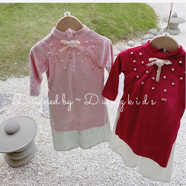 Set Áo Dài Cách Tân Cho Bé Trai, Bé Gái Đính Hoa Ngọc 9-22kg