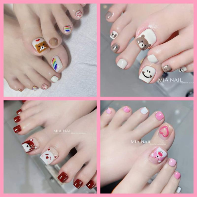 Nail box móng chân họa tiết chú gấu dễ thương nhiều màu sắc