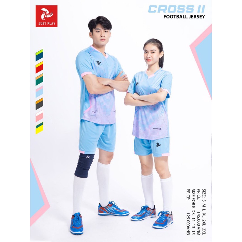 Quần áo đá banh không logo Just Play Cross 2 màu xanh biển CÓ IN TÊN SỐ