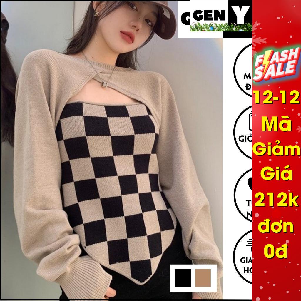 Sét Áo 2 Dây Đan Caro Kèm Áo Khoác Len GenY Thời Trang Nữ Đẹp Và Cá Tính