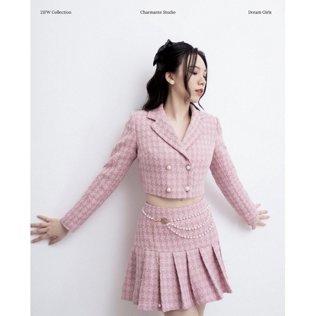 Set vest chân váy tweed hồng Charmante Studio