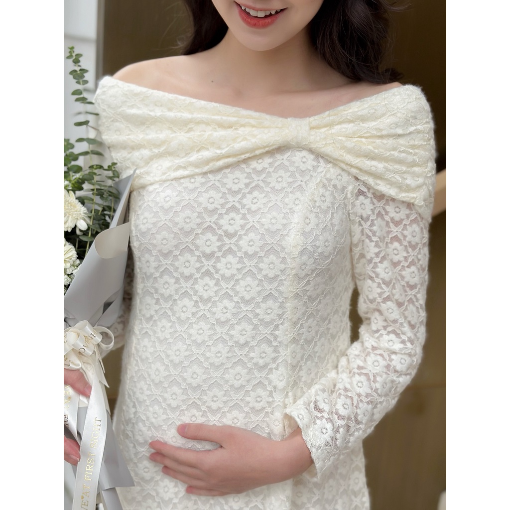 MEDYLA - Váy bầu thu đông thiết kế trễ vai ren hoa len cho bầu đi chơi, đi tiệc cực sang - VS1173