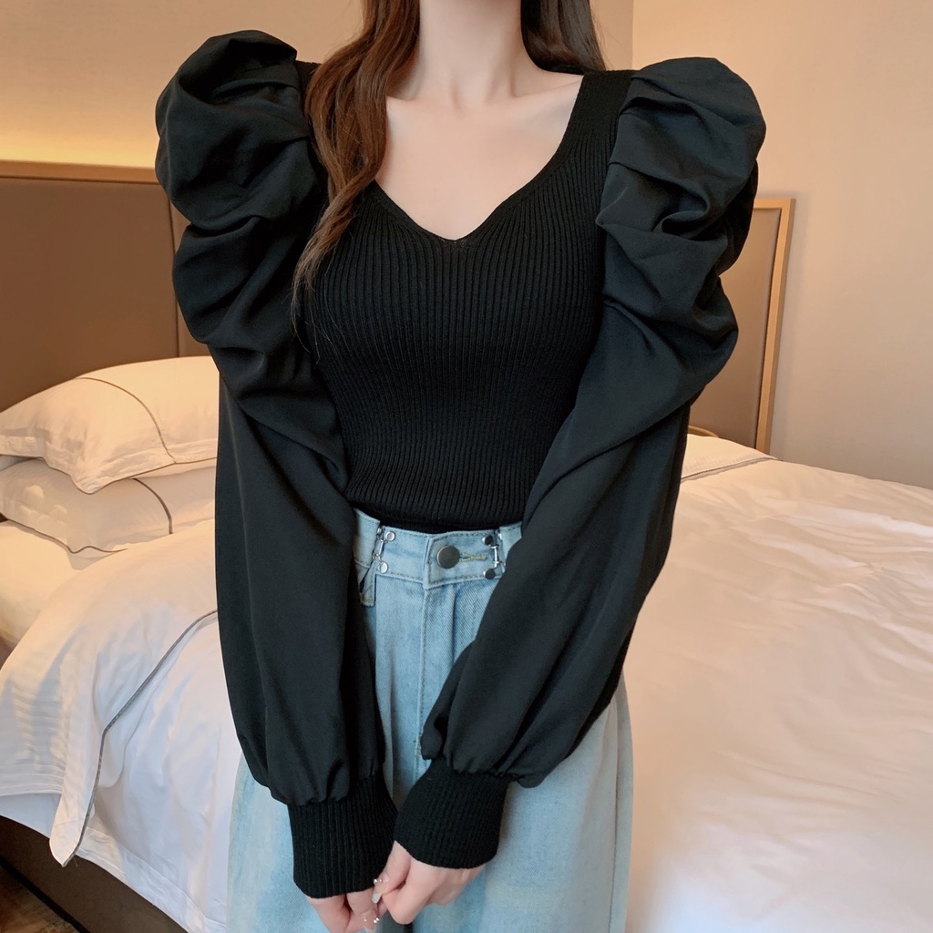 SUXI Áo Dệt Kim Tay Dài Phồng Cổ Chữ V Màu Sắc Đơn Giản Thời Trang Thu Đông