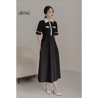 Đầm dài nữ Amis Dress chất tuyết mưa cổ bẻ nút đá tay ngắn phối sọc – Aimestudio