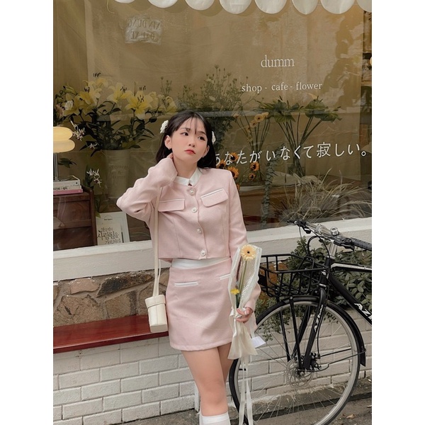 Set áo dạ tweed thiết kế Bonheur phối màu hồng cúc ngọc cổ trụ sang chảnh tiểu thư thanh lịch Katherine Set