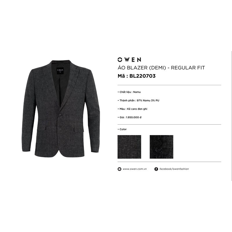 Áo Blazer Demi OWEN BL220703-BL Kẻ Caro Đen Ghi Cho Nam Dễ Phối Đồ Phong Cách Hiện Đại Phóng Khoáng