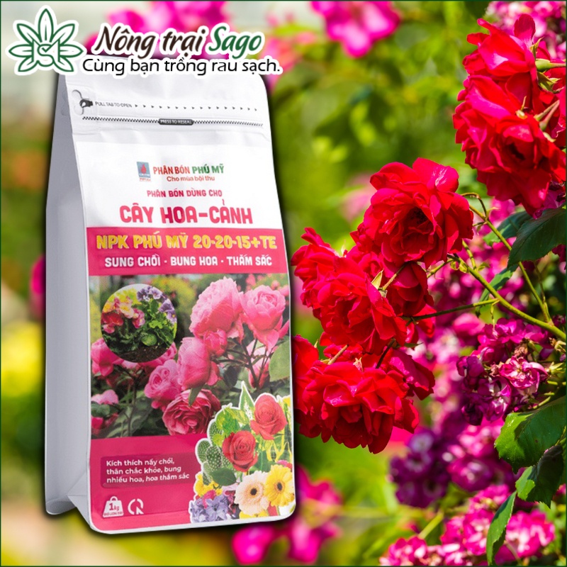 Phân bón NPK Phú Mỹ 20-20-15+TE dành cho Hoa và Cây giúp cây phát triển thân cành lá,bung nụ, hoa nhiều - Nông Trại Sago