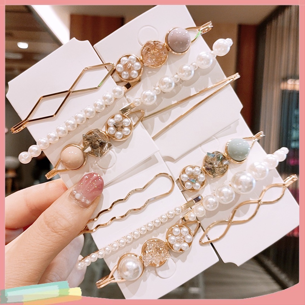 Set 3 KẹP TóC PhốI HạT NgọC Trai Kim Cương Giả ThờI Trang Cho Nữ