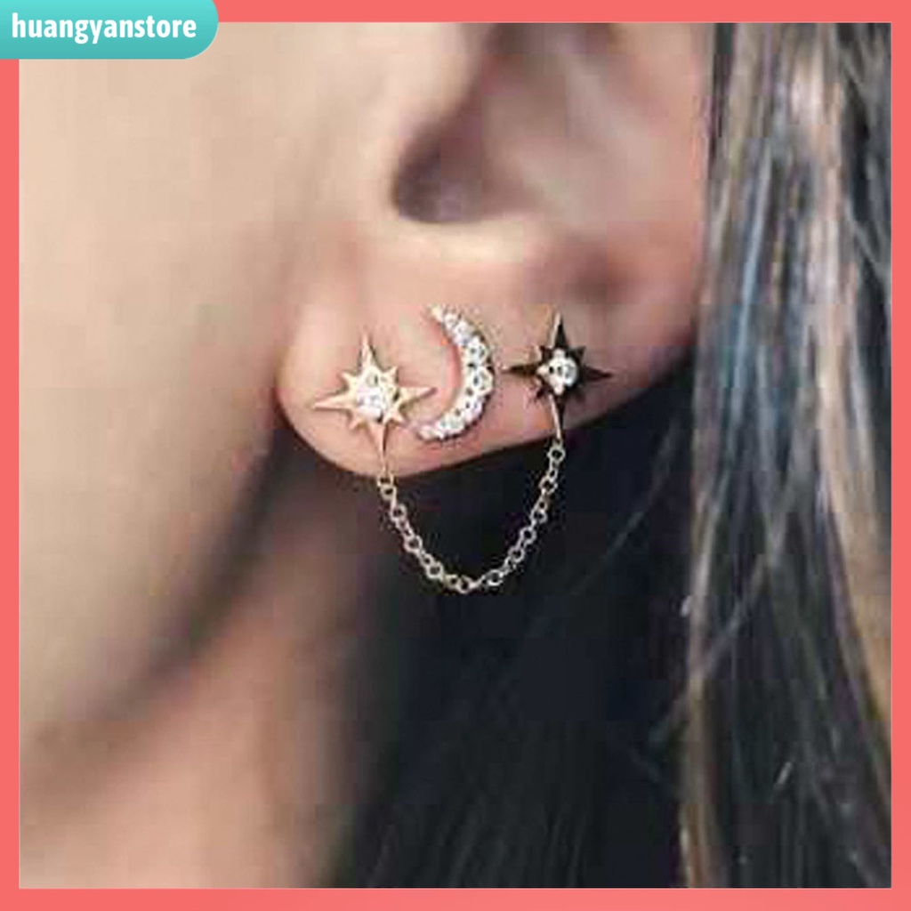 HY/ Bộ 2 Khuyên Tai 3 Lỗ Hình Mặt Trăng Và Ngôi Sao Đính Đá