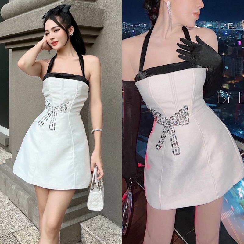 Đầm tafta nhũ trắng cúp ngực 2 dây cổ yếm ôm body ngắn đính nơ đá cườm + bao tay đen, váy hotgirl đi dự tiệc bar sự kiện