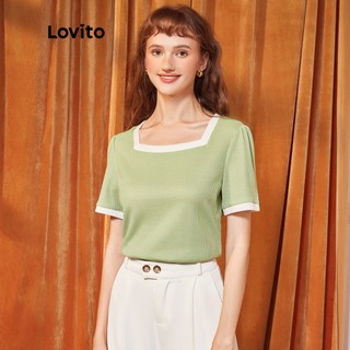 Lovito Áo thun nữ cổ vuông ràng buộc tương phản thông thường L36ED052 (Xanh lá cây)