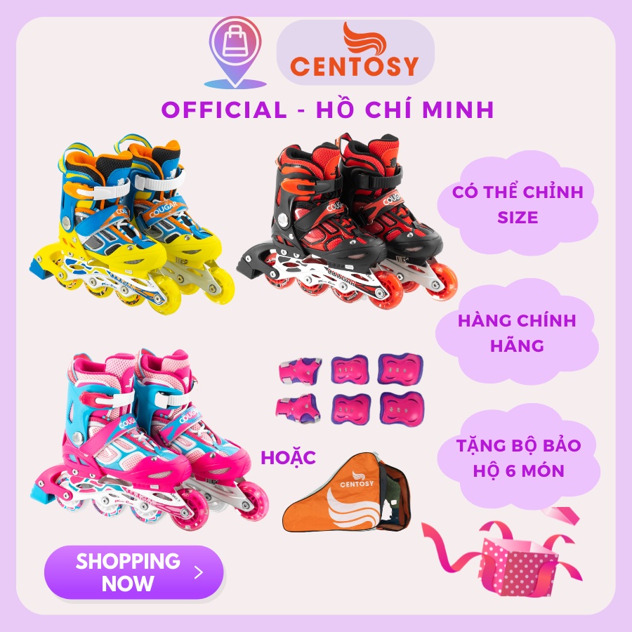 Giày trượt patin trẻ em Centosy 835LSG có bánh đèn sáng và tăng chỉnh 3 cỡ tặng kèm bảo hộ tay chân chính hãng