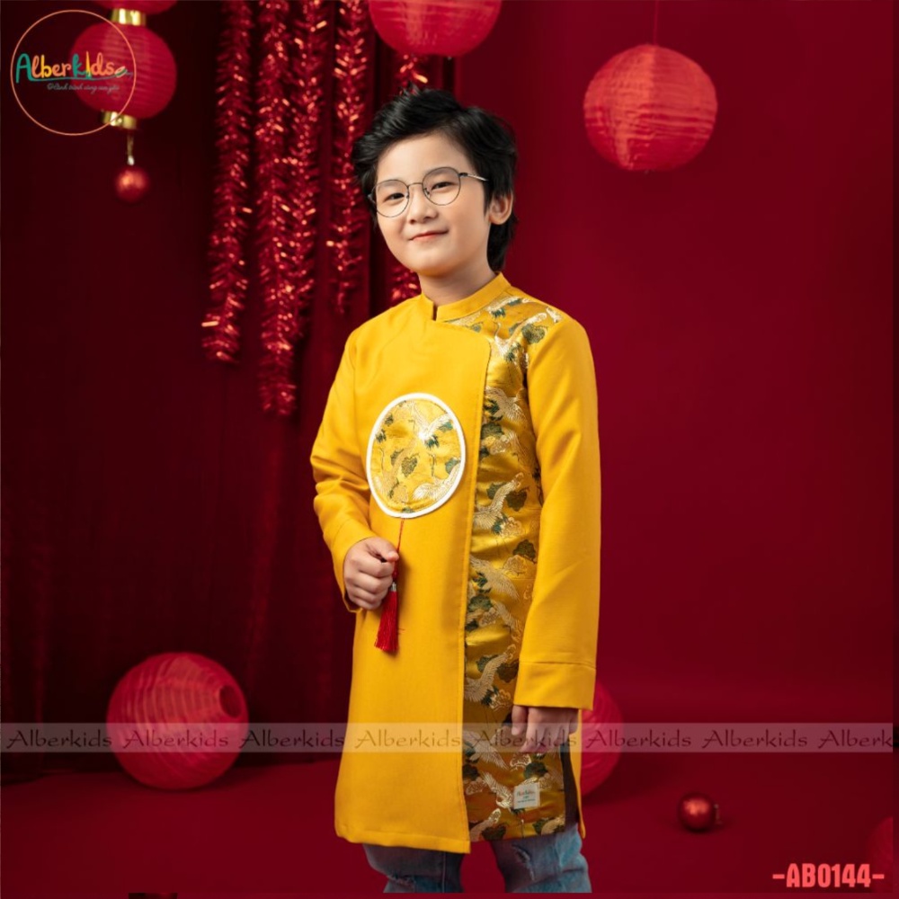 Áo dài bé trai ALBERKIDS gấm phối tùng hạc cho trẻ em 3,4,5,6,7,8,9,10,11,12 tuổi [AB0144]