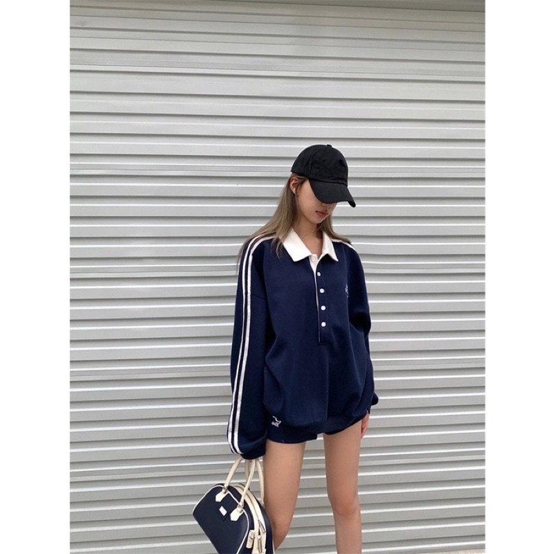 Bộ len xốp sweater polo thêu hổ JOLIE Nữ  Set đồ áo dài tay 2 sọc cổ phối cúc kèm quần short đùi ống rộng