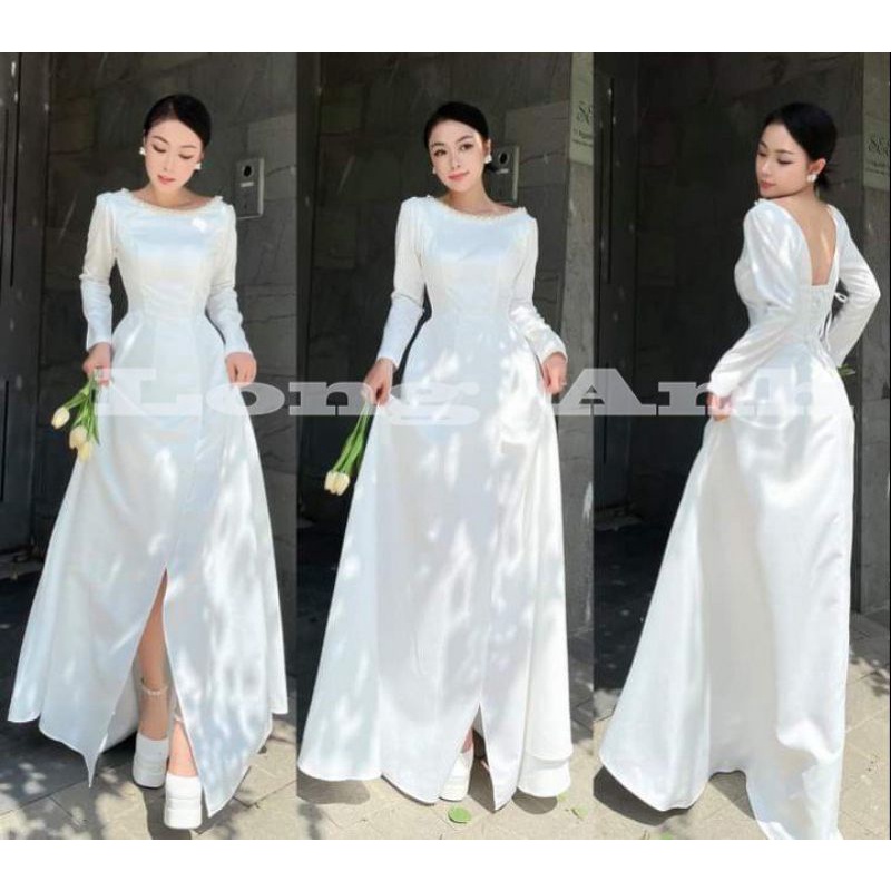 Váy Cưới Đi Bàn Cổ Thuyền Tay Dài Chất Liệu Taftar Mềm Size S M L Xl Và May Theo Số Đo Riêng