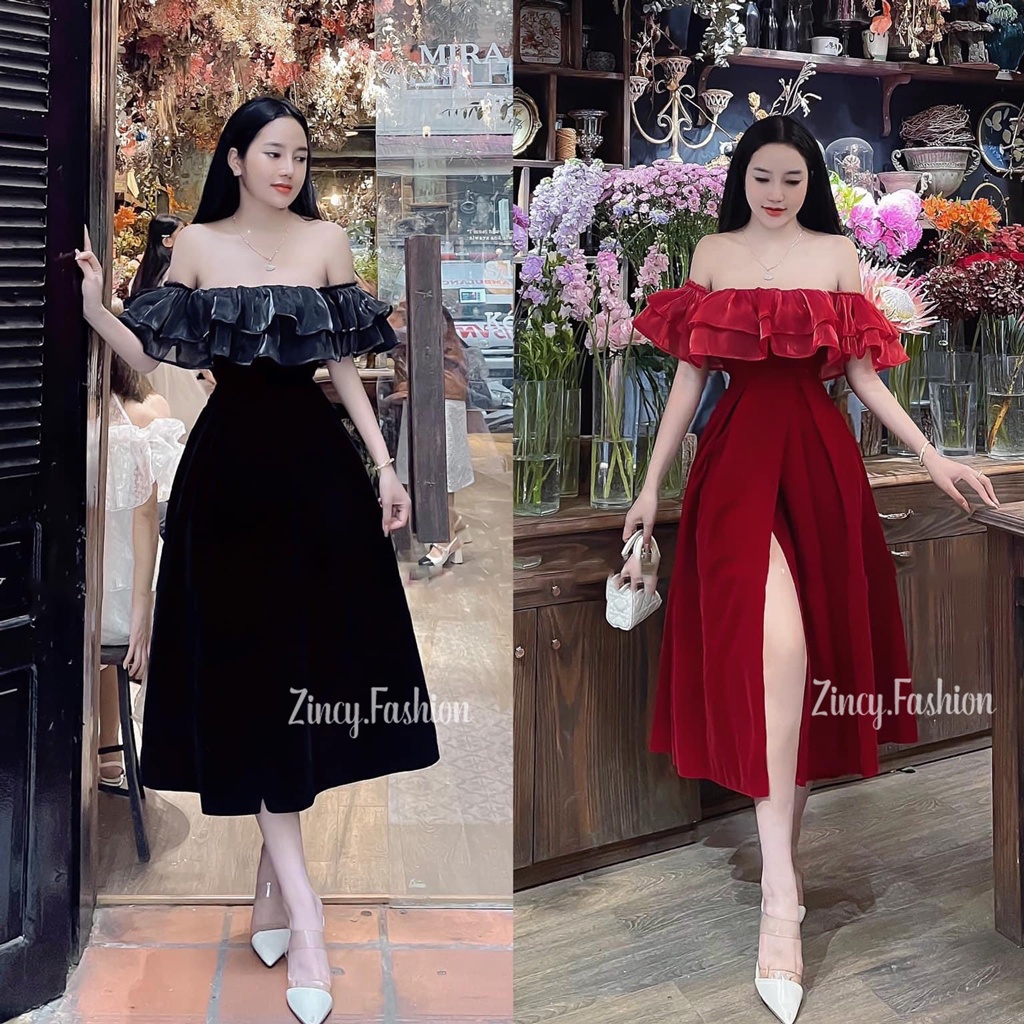Váy trễ vai xẻ tà dáng dài có mút ngực Đầm nhung dự tiệc sang trọng Zincy NTVDXET01