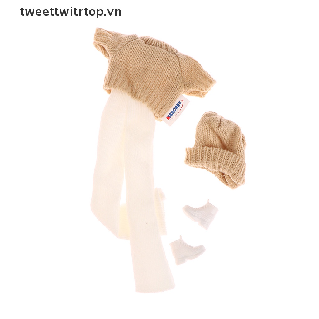 Set Đồ 4 Món Gồm Áo Sweater + Quần + Giày + Nón Dệt Kim Cho Búp Bê 30cm