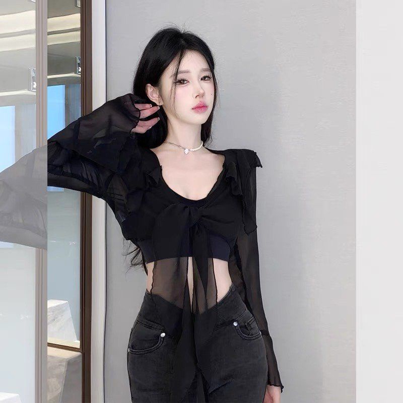Áo Croptop Kiểu Tay Dài MIRA.CLOSET Viền Bèo Có Dây Buộc A5549