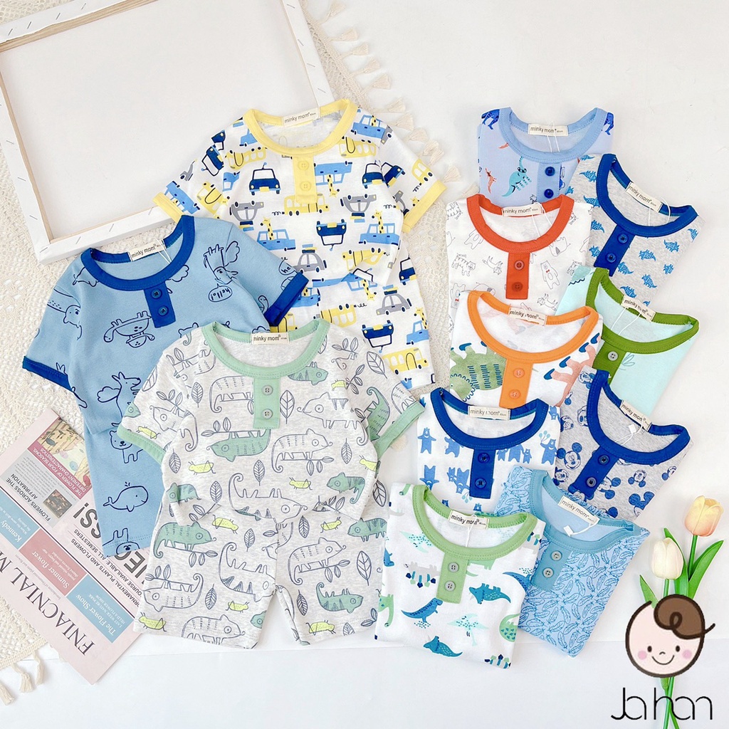 Bộ Đồ Bé Gái, Bé Trai Cộc Tay  Cổ Trụ MinkyMom Chất Cotton Borip Họa Tiết Động Vật Đáng Yêu, Bộ Mặc Nhà Cho Bé - BCV1