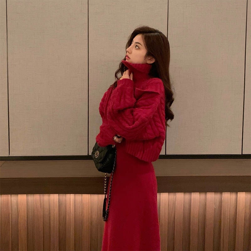 Bộ Áo Sweater Dệt Kim Cổ Cao Ôm Dáng Phối Đầm Đỏ Cỡ Lớn Thời Trang Mùa Thu 2022 Mới Cho Nữ