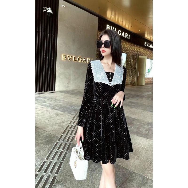 ( HÀNG NHẬP CAO CẤP) VÁY ĐẦM XÒE RỘNG BABYDOLL CỔ REN BÈO THÊU HOA BẢNG TO TRƯỚC SAU SIÊU XINH