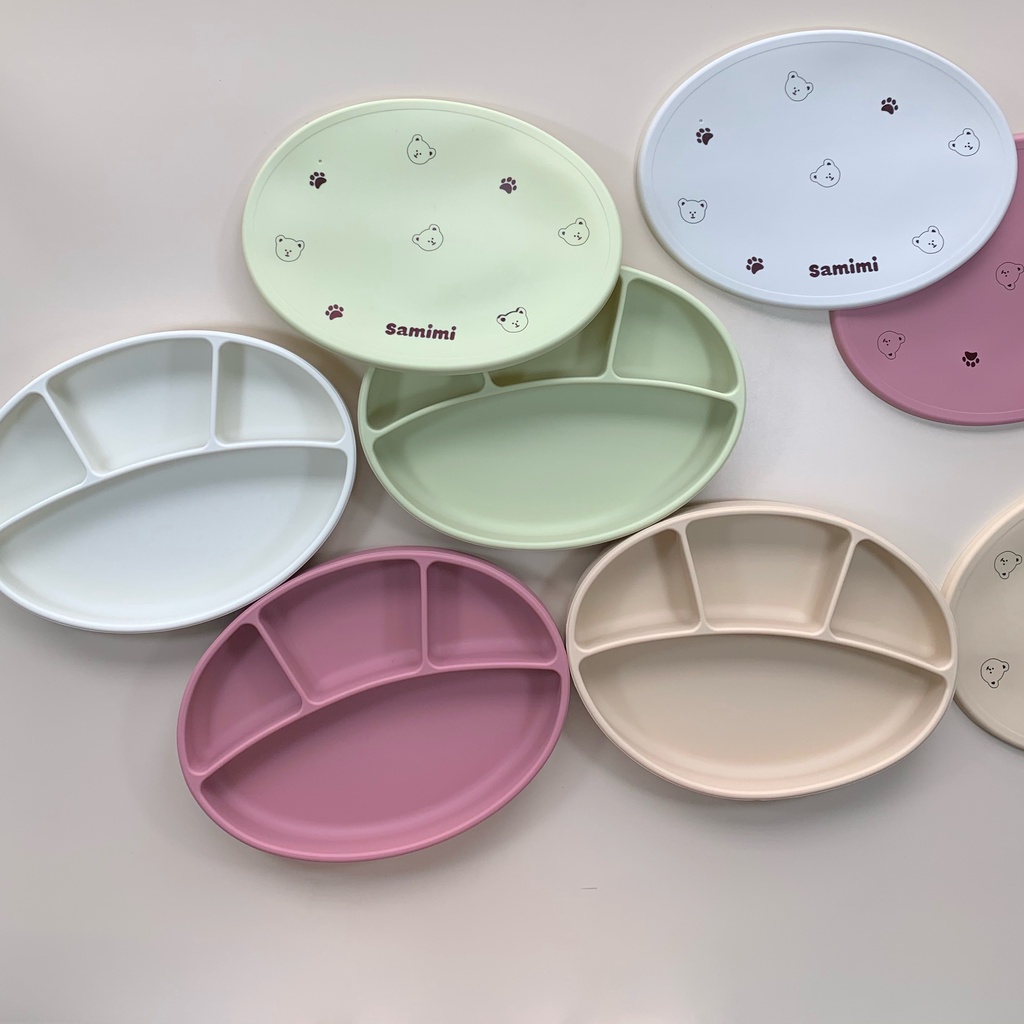 Khay ăn dặm silicon hình oval kèm nắp đậy in hình cho bé