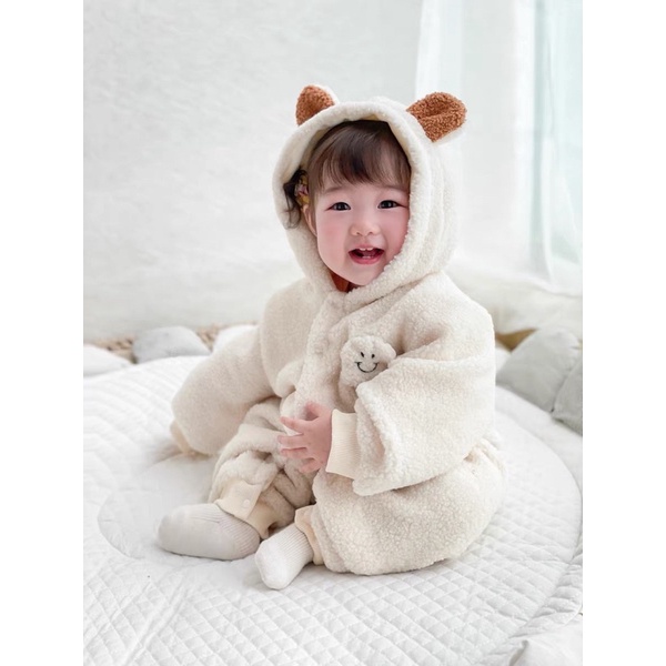 Bộ liền thân ủ lông cừu mũ tai gấu ấm áp cute cho bé trai bé gái_Hàng QCCC