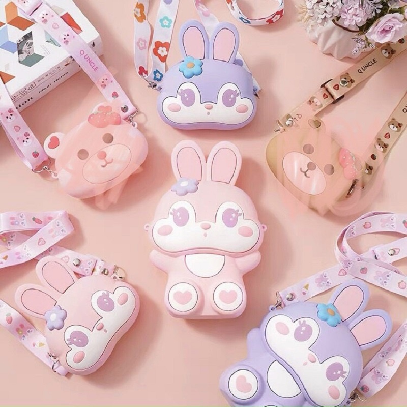 TÚI ĐEO CHÉO CHO BÉ GÁI HÌNH THỎ CUTE, TÚI DA SILICON ĐỰNG LIXI CHƠI TẾT CHO CÁC BÉ