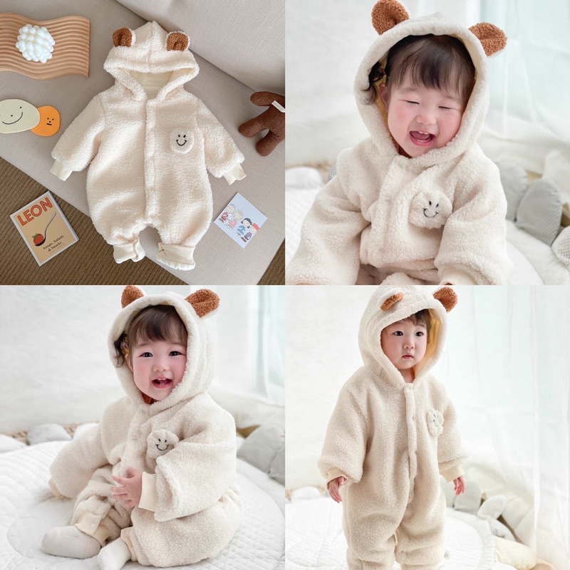 Bộ liền thân ủ lông cừu mũ tai gấu ấm áp cute cho bé trai bé gái_Hàng QCCC