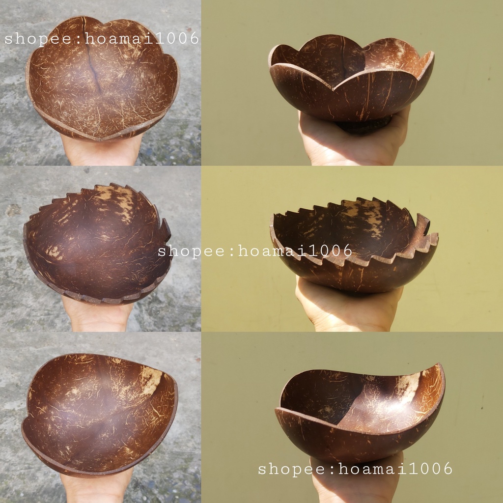 Dĩa gáo dừa tự nhiên có đế, đĩa gáo dừa ăn ngũ cốc, chè, tô đựng bánh kẹo, mứt tết hình hoa mai, trái tim, chiếc lá
