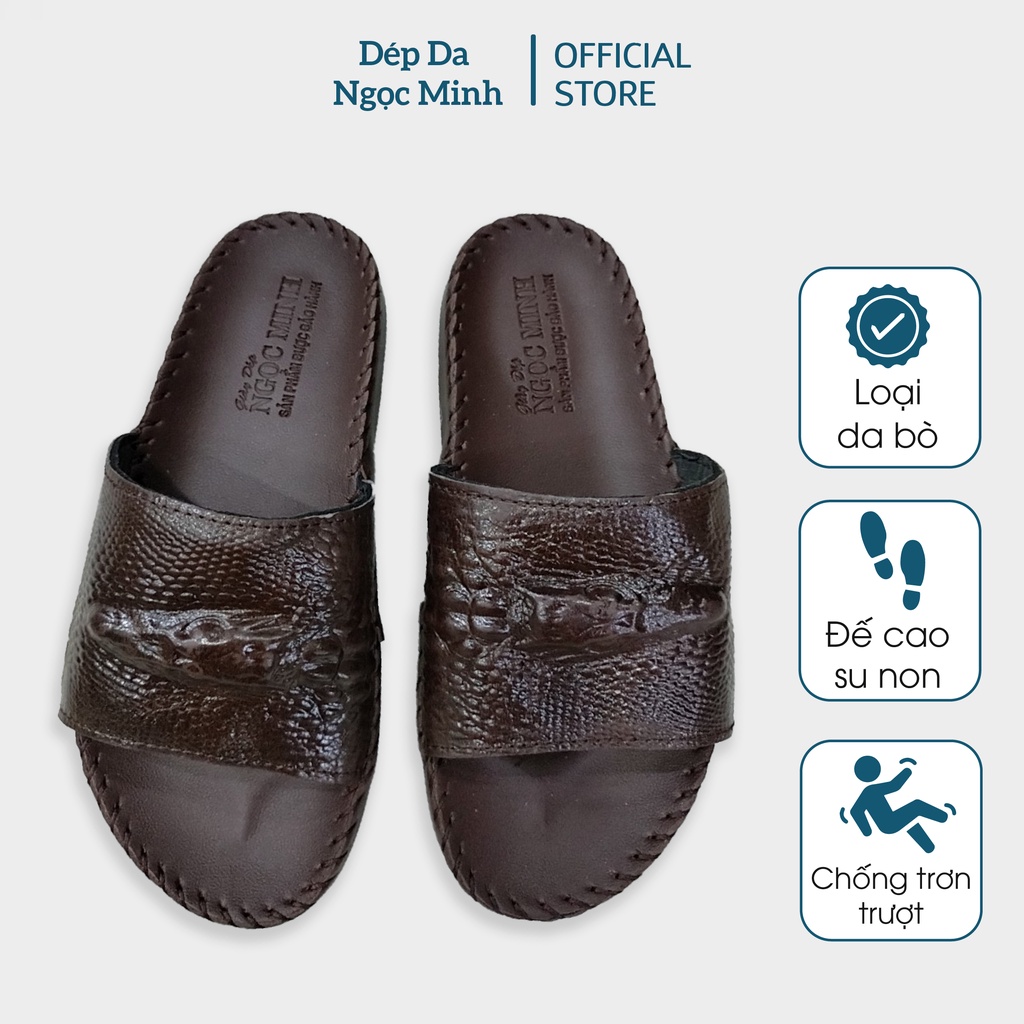Dép Nam Thời Trang Cao Cấp Da Bò Nguyên Tấm Dập Cá Sấu Đế Khâu Màu Nâu Bền Đẹp, Sang Trọng Mã 21