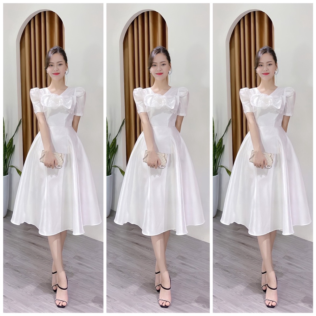 Đầm tiểu thư dáng dài, đầm nữ đi chơi dễ thương với thiết kế nơ phối hoa ngực chất vải tapta cao cấp