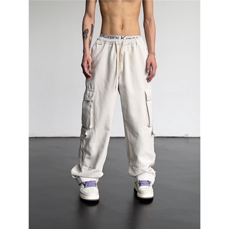 Quần Dài Ống Rộng Lưng Cao Nhiều Túi Phong Cách Retro Mỹ Cho Nam