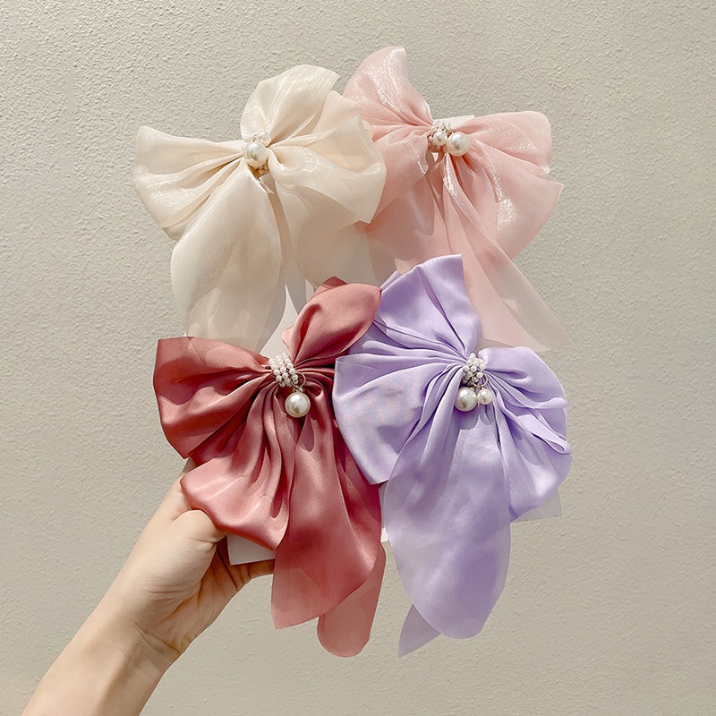 Kẹp Tóc Nơ Đính Ngọc Trai Ba Chiều Cỡ Lớn Bằng Satin Cao Cấp Phong Cách Vintage Pháp