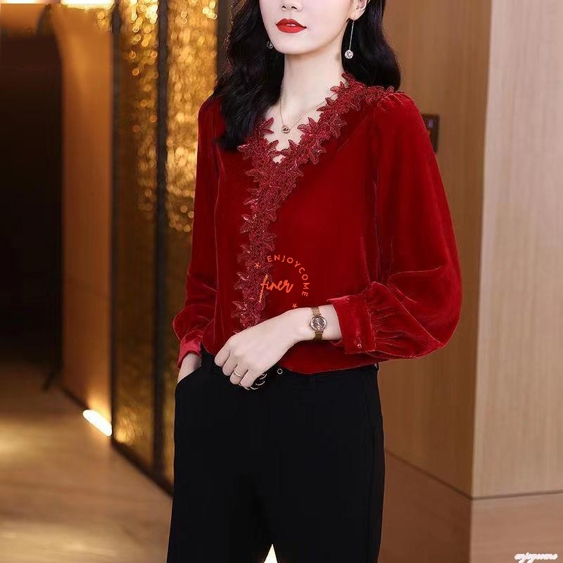 Áo Sơ Mi Nhung Cao Cấp Cổ Chữ v Đính Kim Sa Màu Đỏ / Vàng Phong Cách Phương Tây Thời Trang Thu Đông Mới 2022 Cho Nữ
