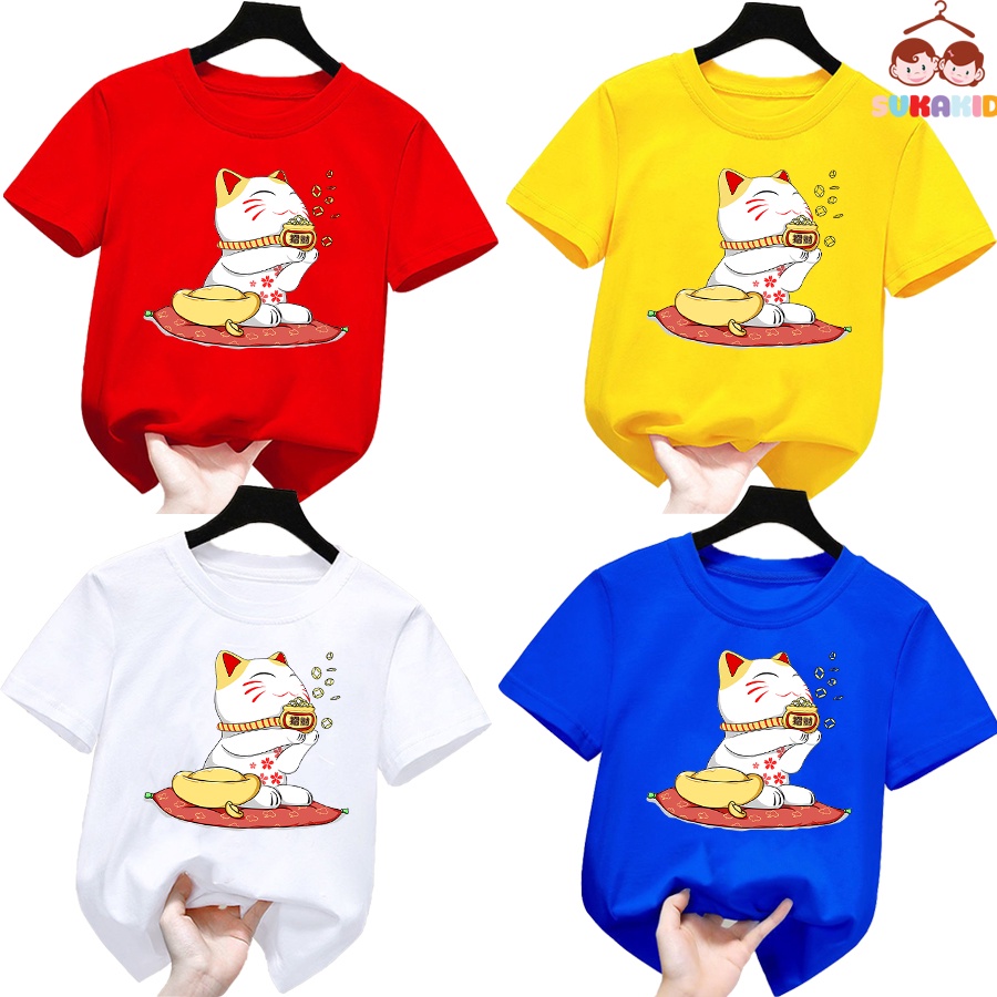 Áo thun trẻ em hinh mèo trắng đeo lục lạc vàng nón thần tài cho bé từ 6kg-30kg.AT30.