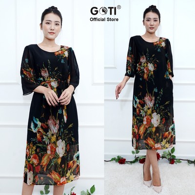 GOTI - Đầm Dự Tiệc Trung Niên Cao Cấp Dáng Dài Rộng Eo Che Bụng Tay Lỡ Tặng Mẹ U50 U60 3205 3285