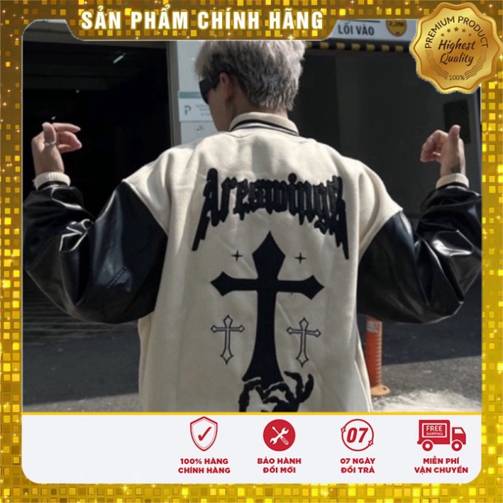 Áo Khoác varsity Thêu chữ thập vintage chất dạ 2 lớp áo bomber phối tay da Pu thời thượng Kun Shop U
