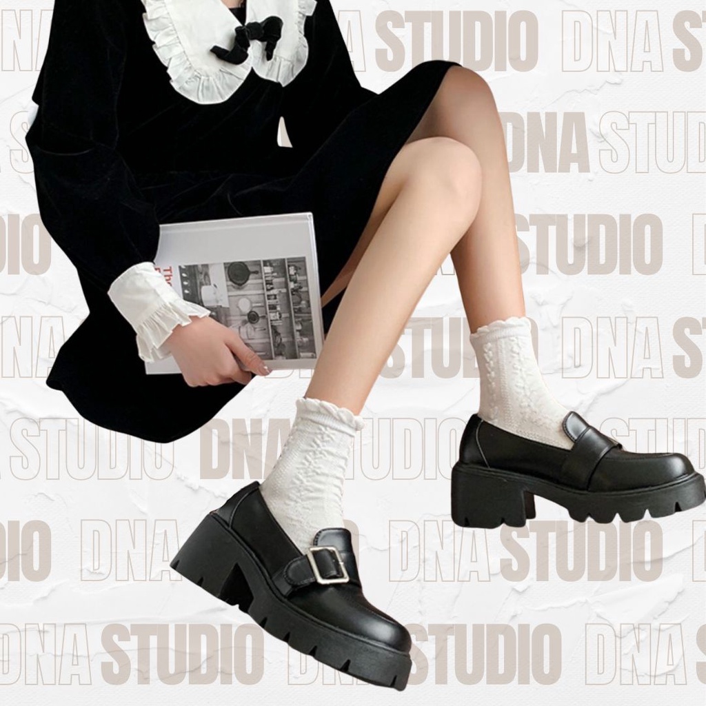 Giày loafer/ giày lười trang trí khoá kim loại màu bạc đế bánh mì cao 6.5 cm