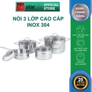 Bộ nồi 3 lớp đáy liền khối inox 304 Fivestar Plus quai oval nắp kính (1quánh16cm x 1nồi 18cm x 1nồi 20cm x 1nồi 24cm)