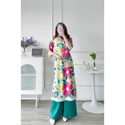 Set Áo Dài Hoa Voan Ép Dáng Xuông Tay Xoè Lỡ ,ÁO dài cách tân voon tơ ép 4 tà kèm quần xanh