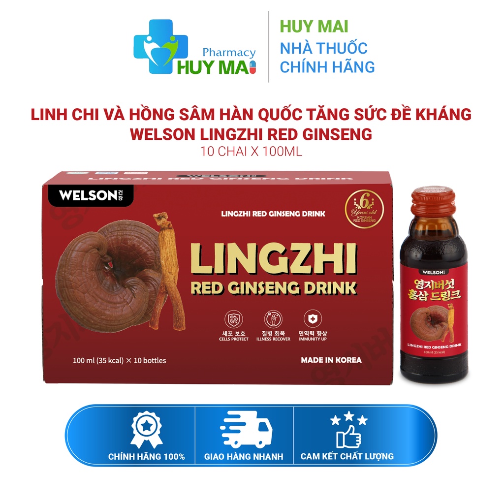 Linh Chi và Hồng Sâm Hàn Quốc Tăng Sức Đề Kháng Welson Lingzhi Red Ginseng Hộp 10 chai x 100ml