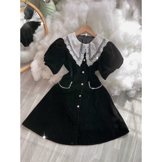 Đầm nhung đen cổ nhọn đính đá - Chitchitstore