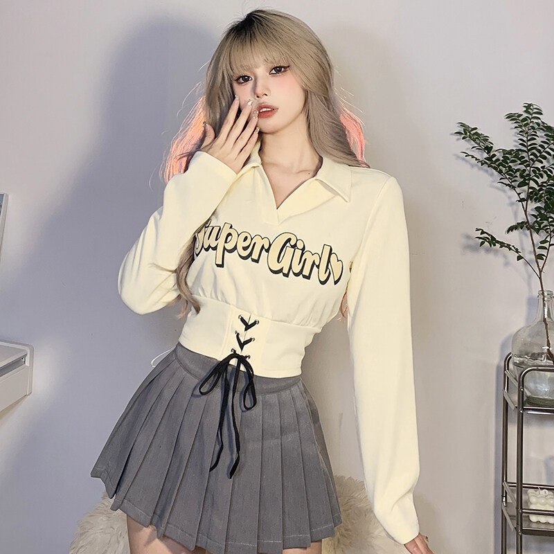 Áo Croptop Tay Dài Cổ Chữ V In Chữ Thời Trang Dành Cho Nữ