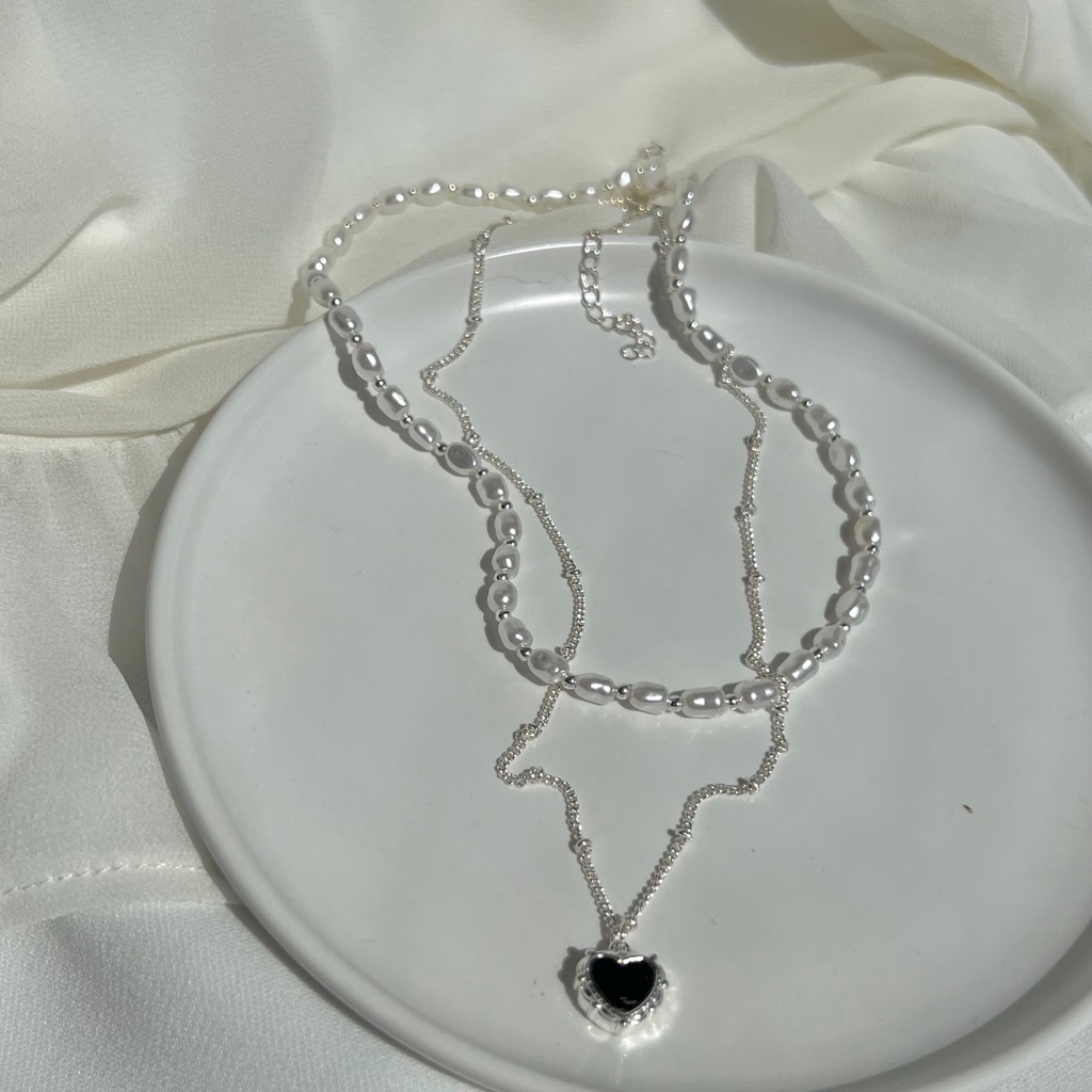 Dây chuyền mặt hình trái tim phối dây ngọc trai nhân tạo set 2 dây rời N195 Choker Club