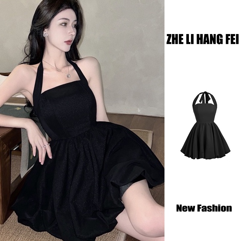 Đầm hai dây ZHELIHANGFEI màu đen thiết kế quyến rũ thời trang