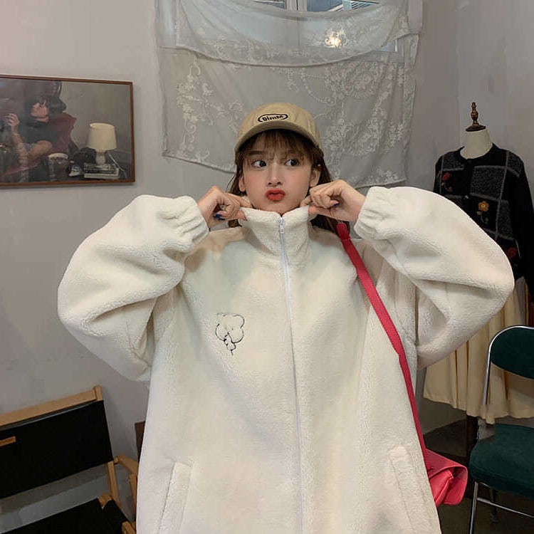 Áo Khoác Bóng Chày Len Giả Lông Cừu Cổ Đứng Thêu Hình Gấu Thời Trang Thu Đông Cho Nữ
