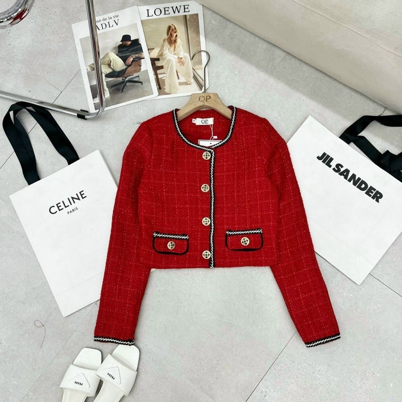 Áo Khoác Dạ Tweed Croptop Dáng Ngắn Nữ Màu Đỏ Hotgirl Cao Cấp