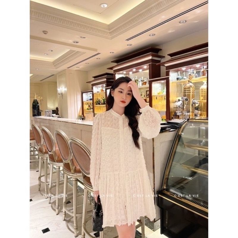 Váy Babydoll Tay Dài Tiểu Thư Voan Lưới Hoa Nổi Dáng Xoè Xinh Xắn