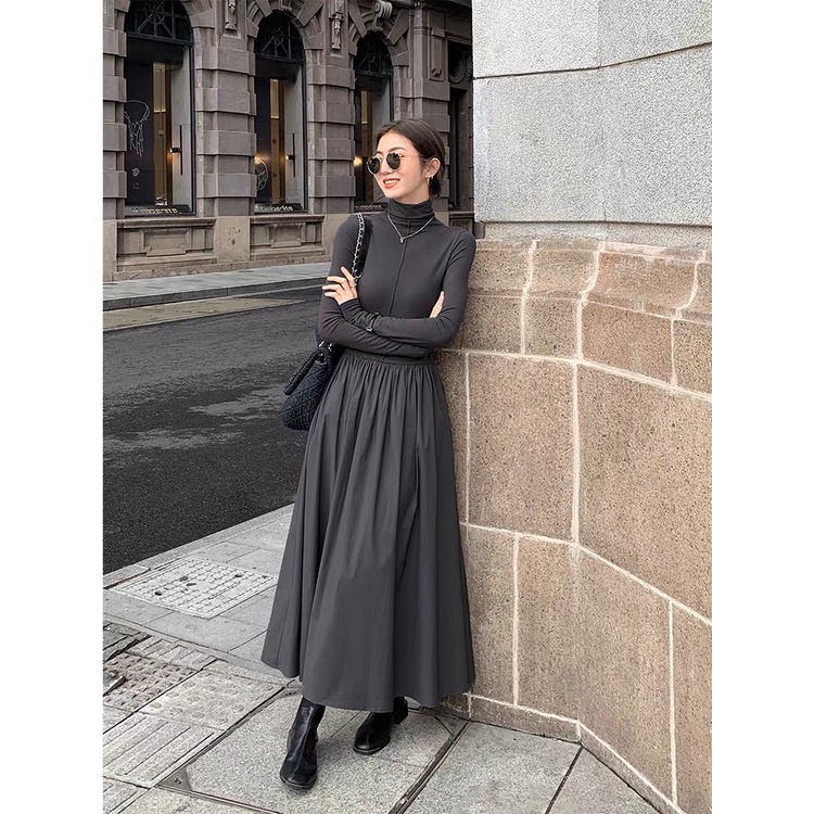 Váy Thun Dáng Dài Cao Cổ Có Đường Gân, Váy Công Sở Thu Đông - Ellie Dress